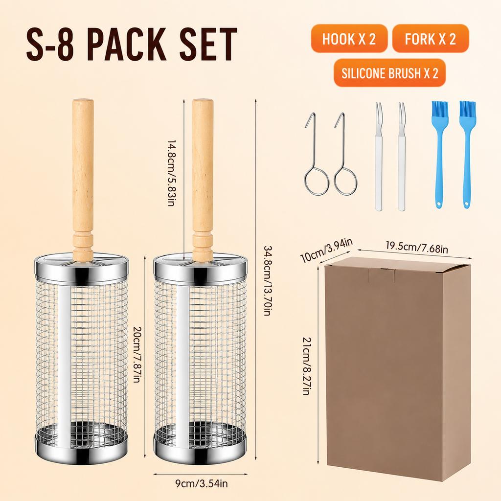 4/6/8 Pack Stainless Steel Rolling Grilling Basket Set Wooden Handle Outdoor Camping BBQ Vegetable Meat Grilling Accessories