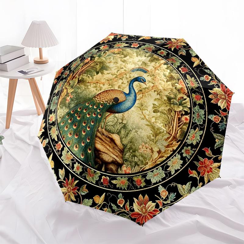 Peacock, FloralThemed Automatic Opening and Closing umbrella 8 Ribs, Suitable for Leisure and Going Out, Outdoor Accessory, Gothic Style,