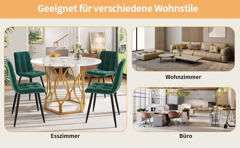 Dining table set (5-piece), round dining table with 100 cm diameter and golden metal legs, white MDF tabletop, dining chairs made of dark green velvet