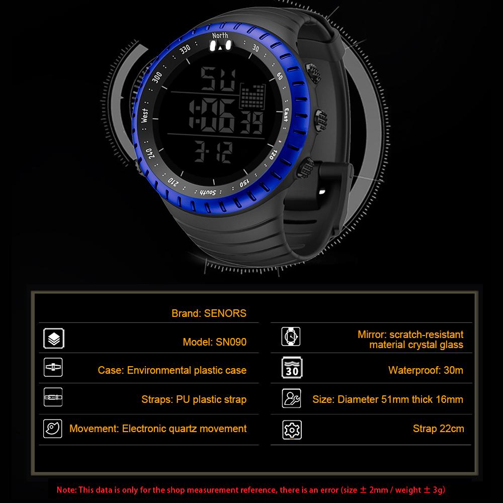 Мужские цифровые часы SENORS Спортивные часы На открытом воздухе Водонепроницаемые цифровые часы Светодиодные электронные светящиеся