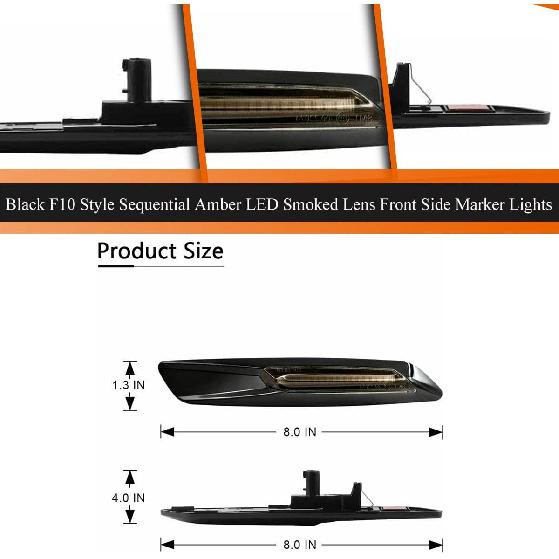 ADIIL Front Fender Side Marker Lights for BMW 1 3 5 Series E82 E90 E60 | Black F10 Style Lens Sequential Amber LED, Front Fender Turn Signal Side