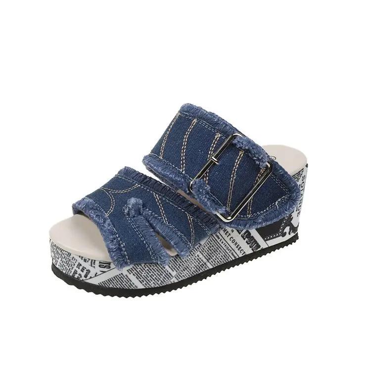 Women Wedge Denim Super High Heels Sandals Women Wedges Platform Dress Slippers 2024 Summer Designer Rhinestone Pumps Zapatillas