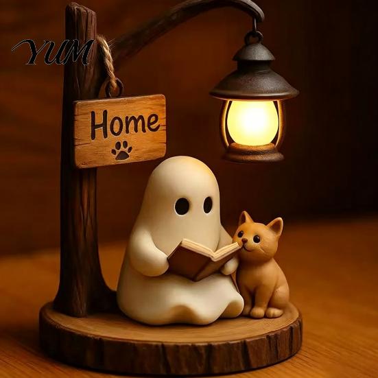 Mini Ghost Statue Halloween Reading Figurine, LED Light-up Street Light Resin with Statue, Cat Desktop Decoration for Holiday Party Book