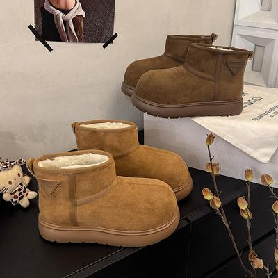 Женские зимние ботинки на толстой подошве 2025 новая зимняя меховая интегрированная короткая обувь с напуском и утолщенная теплая хлопковая обувь с большим носком в виде хлеба