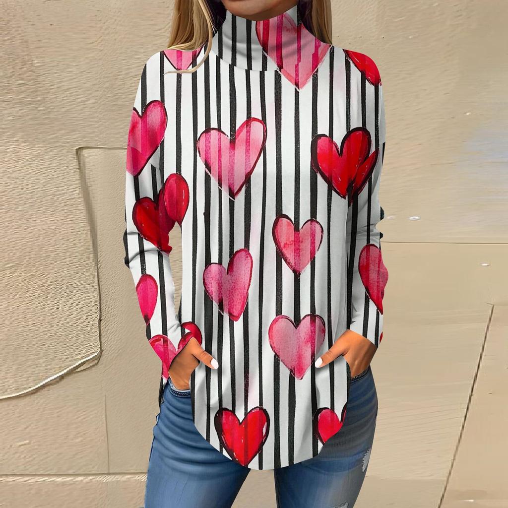 Футболки для женщин, осенние повседневные рубашки с длинным рукавом, толстовка с принтом, топ с высоким воротом, пуловер