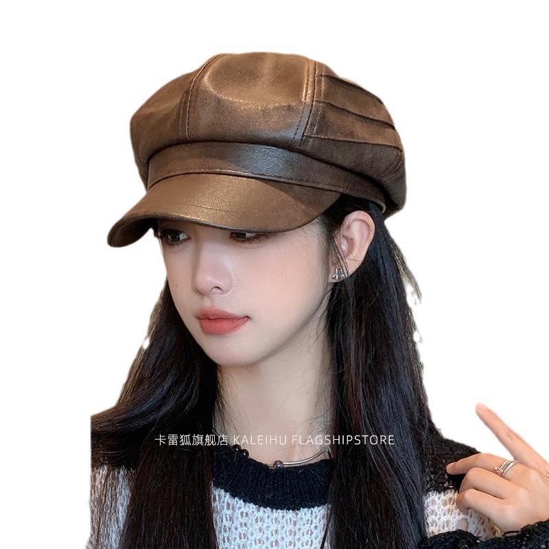 Показать небольшой темпераментный PU кожаный головной убор кепка детская ретро универсальный коричневый берет восьмиугольная шляпа женская осень и зима