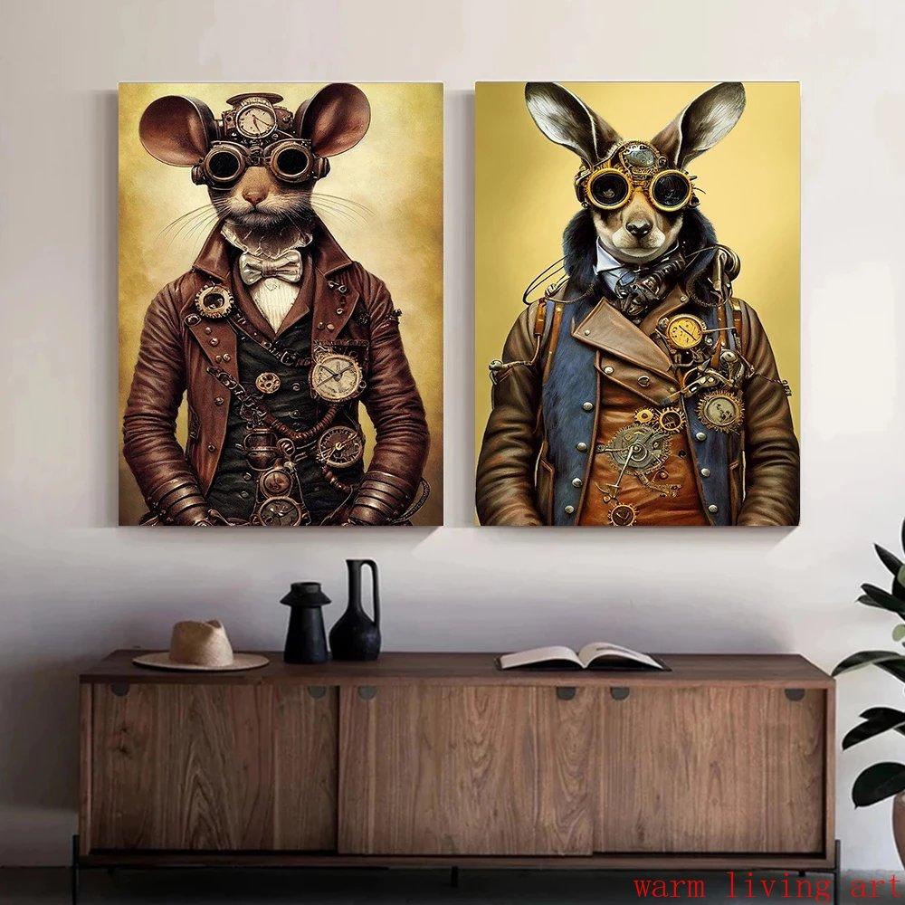 Retro Steampunk Cat Wolf Astronaut Rabbit Poster Art Canvas Painting Funny Animal Tiger Gorilla Poster Living Room Home Decor