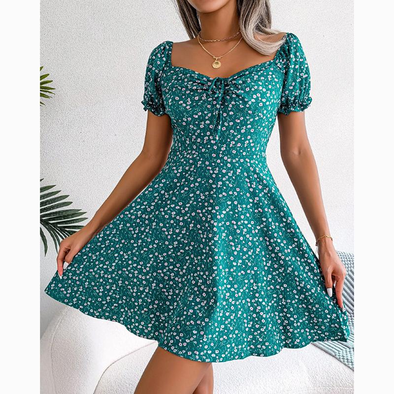 Летнее повседневное сексуальное платье с расклешенными рукавами, женское короткое платье на шнуровке со шнуровкой и цветочным принтом, женские элегантные винтажные тонкие платья трапециевидной формы 24115