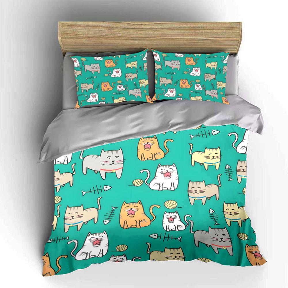 Cute Cartoon Cats Pattern Set Bedding Duvet Cover Set (1*Duvet Cover 2*Pillowcases, without duvet insert)