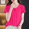 Женские топы с круглым вырезом, коротким рукавом, декором на пуговицах, однотонная свободная футболка, универсальная летняя футболка