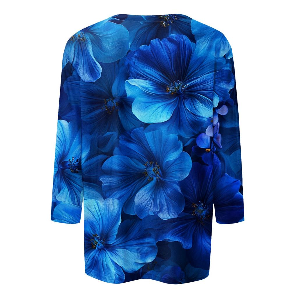 Женские топы, рубашка с рукавом три четверти, свободная повседневная рубашка с V-образным вырезом, футболка с цветочным принтом