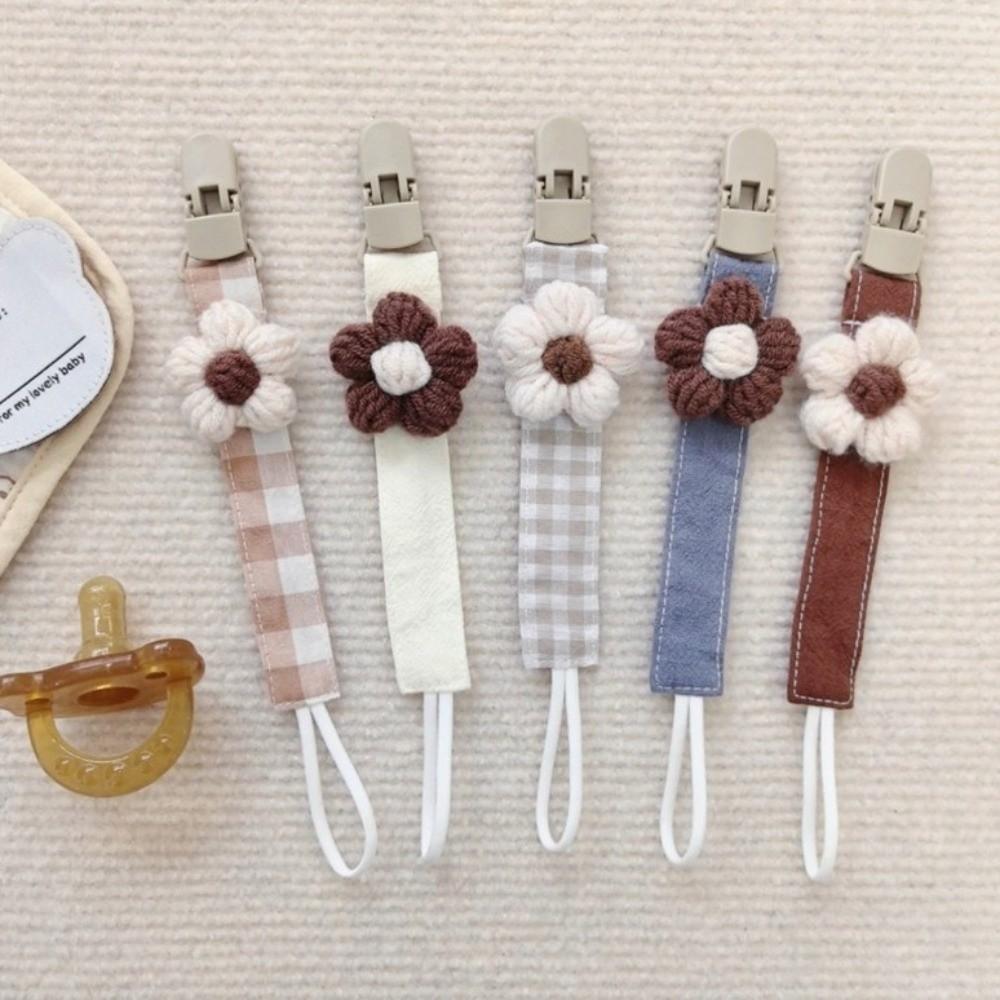 Plastic Flower Dummy Nipple Holder Plaid Embroidery Pacifier Clips Retro Baby Pacifier Chain Girls
