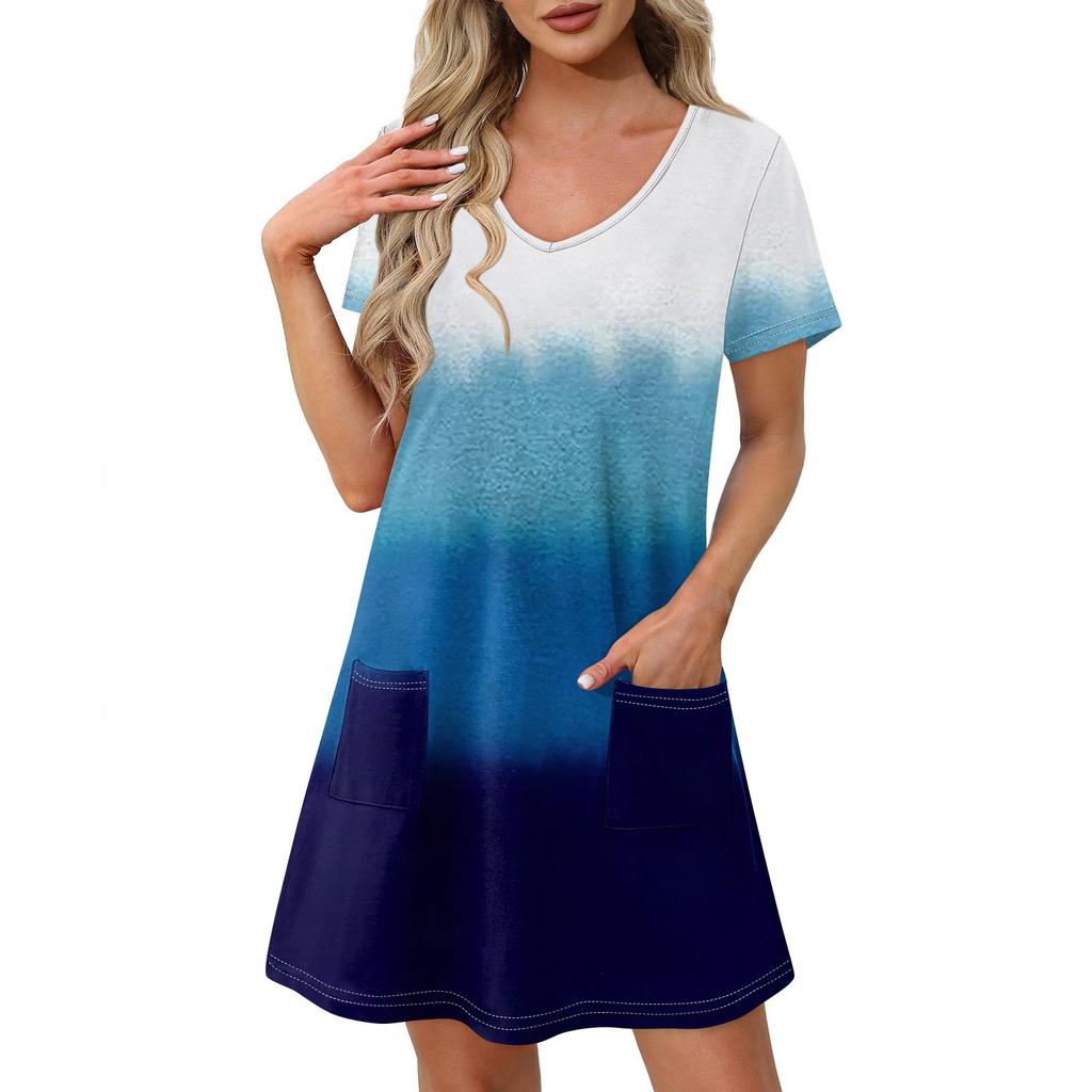 Ladies' Casual And Fashionable V-neck Short Sleeve Printing Mid Length Dress