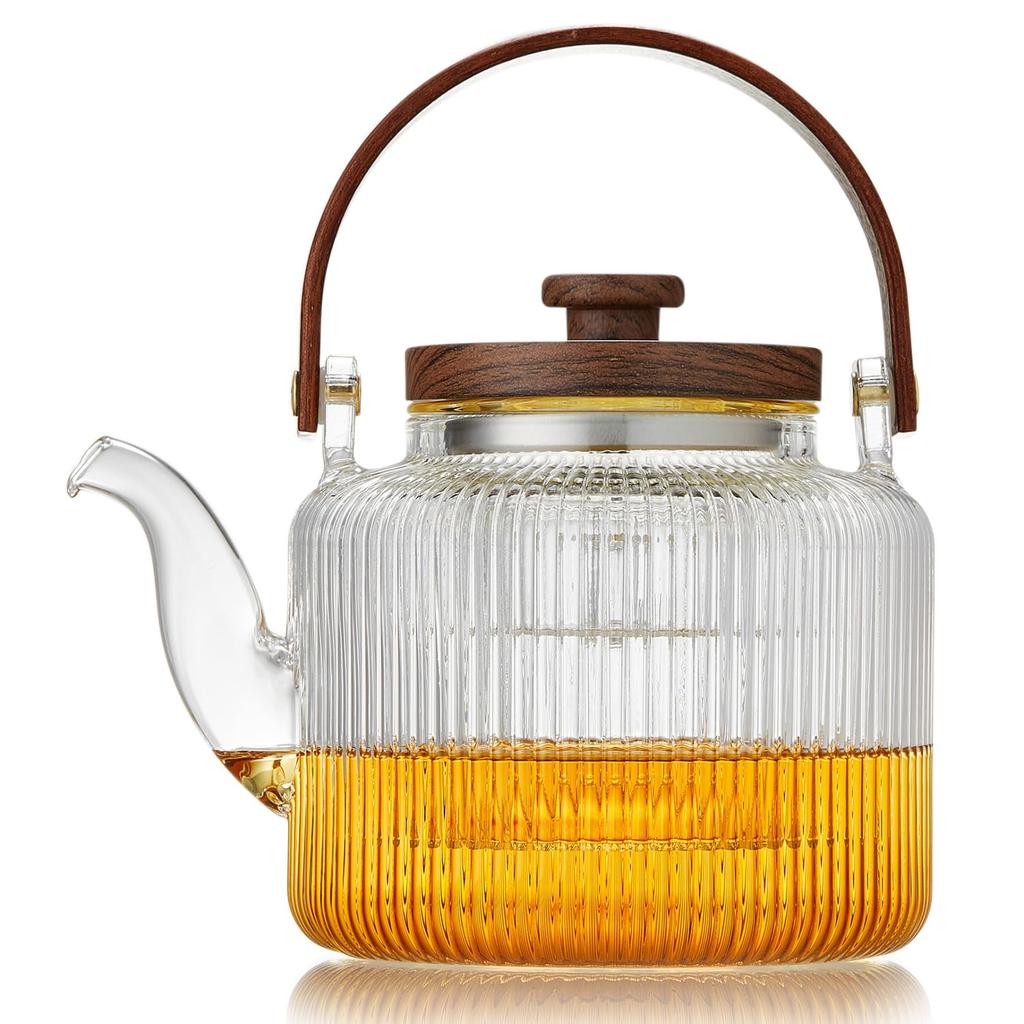 Pokaro Tea Teapot, Heat-Resistant Glass with Vertical Stripes, 1.1L Full Capacity, Includes Two Detachable Tea Strainers, Suitable for Steaming and