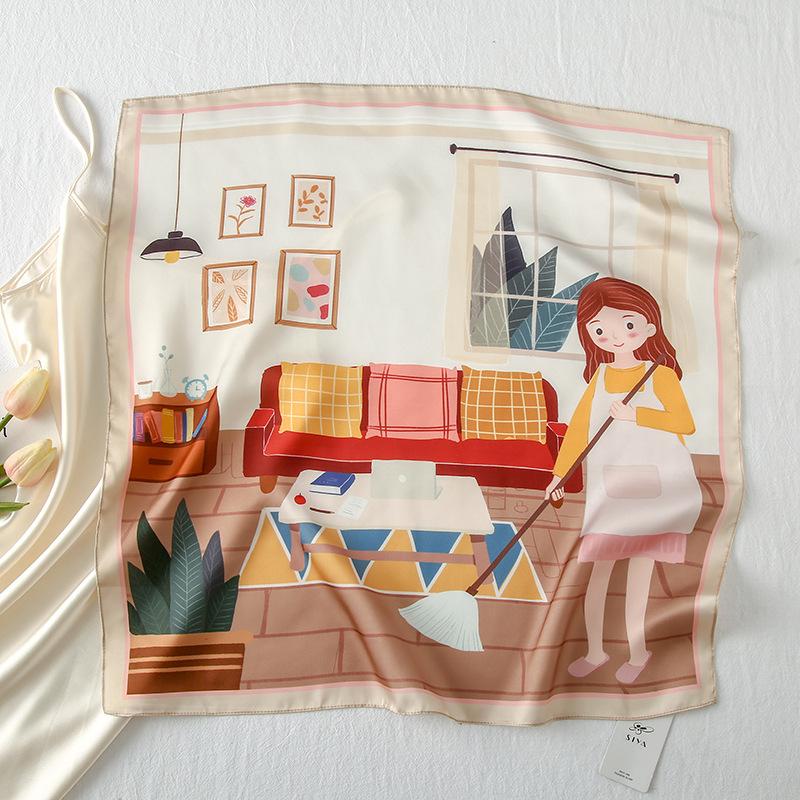 58 CM Summer New Simulation Silk Square Scarf Illustration Artistic Scarf Headband Women'S Decorative Versatile Small Headscarf