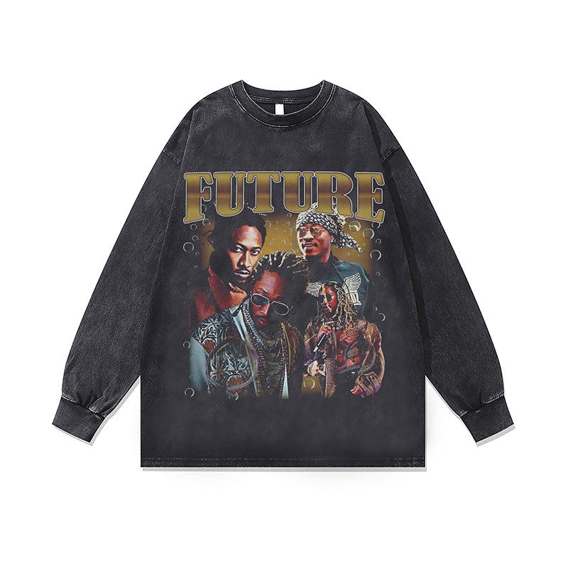 Стирка Ретро Стираная Толстовка с Круглым Вырезом Осень и Зима Новая Американский Хип-Хоп Нижний Слой с Длинным Рукавом Футболка для Мужчин и Женщин