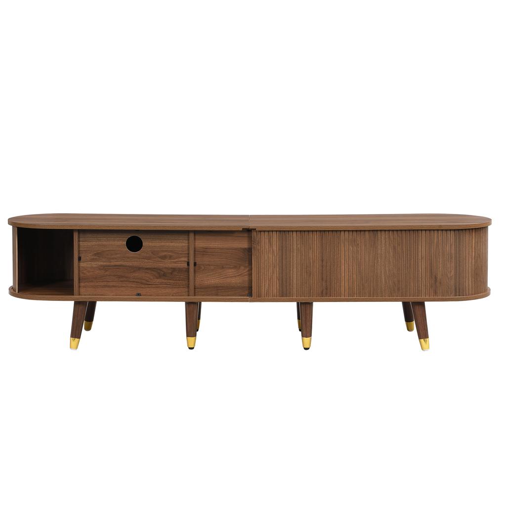TV Cabinet 175 cm with Rattan Sliding Door, Walnut Look & Lots of Storage Space - Country Style Table with Open Compartments, Drawers - Natural Design