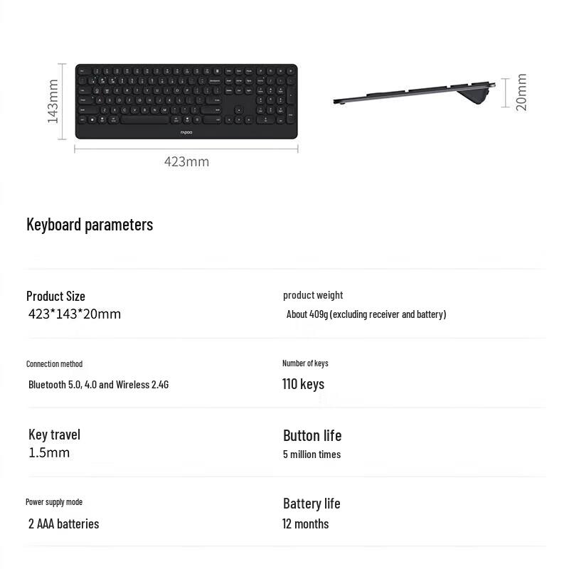 Rapoo E9500G 110-Key Ultra-Slim Multi-Mode Wireless Keyboard