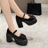 Summer and Autumn Fashion New Solid Color Bowknot Popular Thick-soled Buckle Round Toe High-heeled Shoes for Women