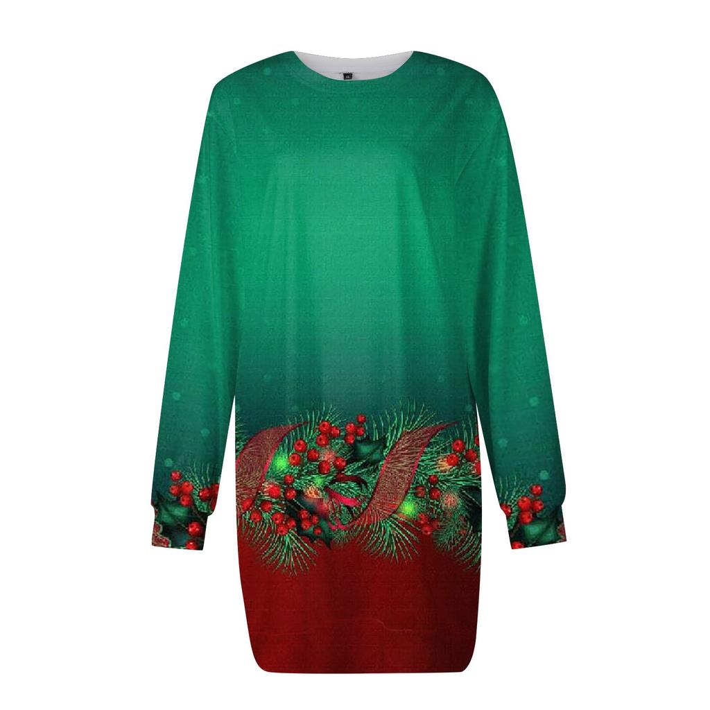 Long Sleeve Dress For Women Casual Christmas Printed Pullover Hip Pack Dress Sweater Dress Autumn
