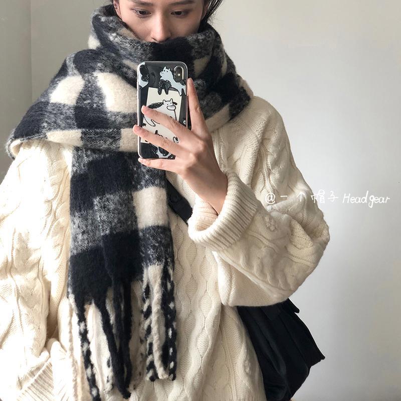 Korean Style Plaid Scarf for Women Mohair Soft Thickened Warm Soft Girl Tassel Versatile Small Version Trendy Scarf for Men