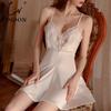 New Women's Satin Sleepwear Female Backless Nightgown Sexy Lace Nightwear V-Neck Sling Nightdress Solid Color Soft Home Dress