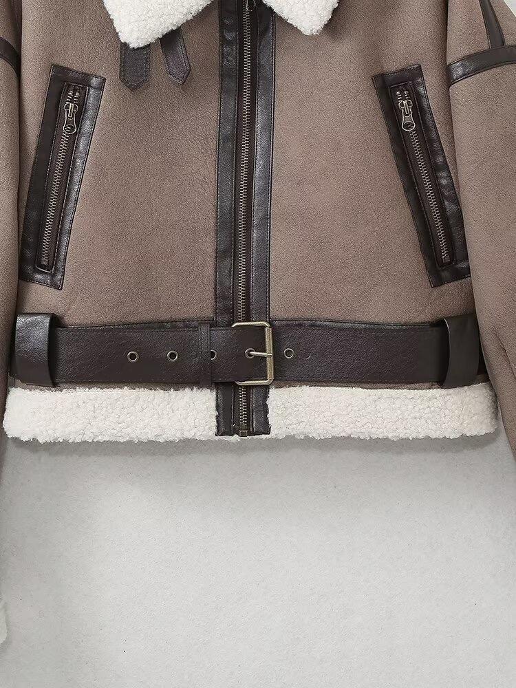 Женская мода толстая теплая искусственная овчина куртка пальто винтажная с длинным рукавом пояс подол женская верхняя одежда