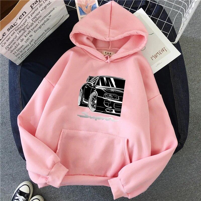 Vintage Anime Car Print Men Women Hoodie Casual Oversized Pullover Popular Sweatshirt Fashion Streetwear Unisex Clothing