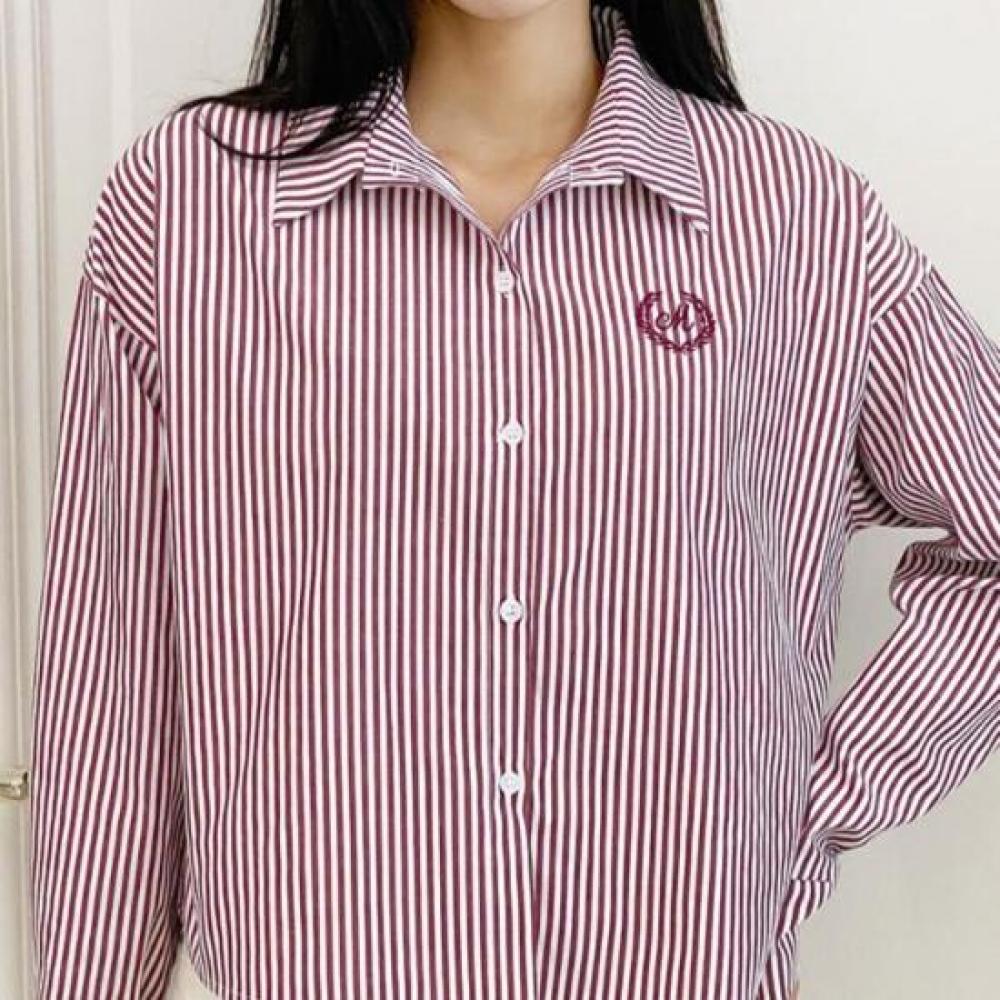 New Arrivals Open Run Women Collar Neck Stripe Embroidery Long Sleeve Shirt