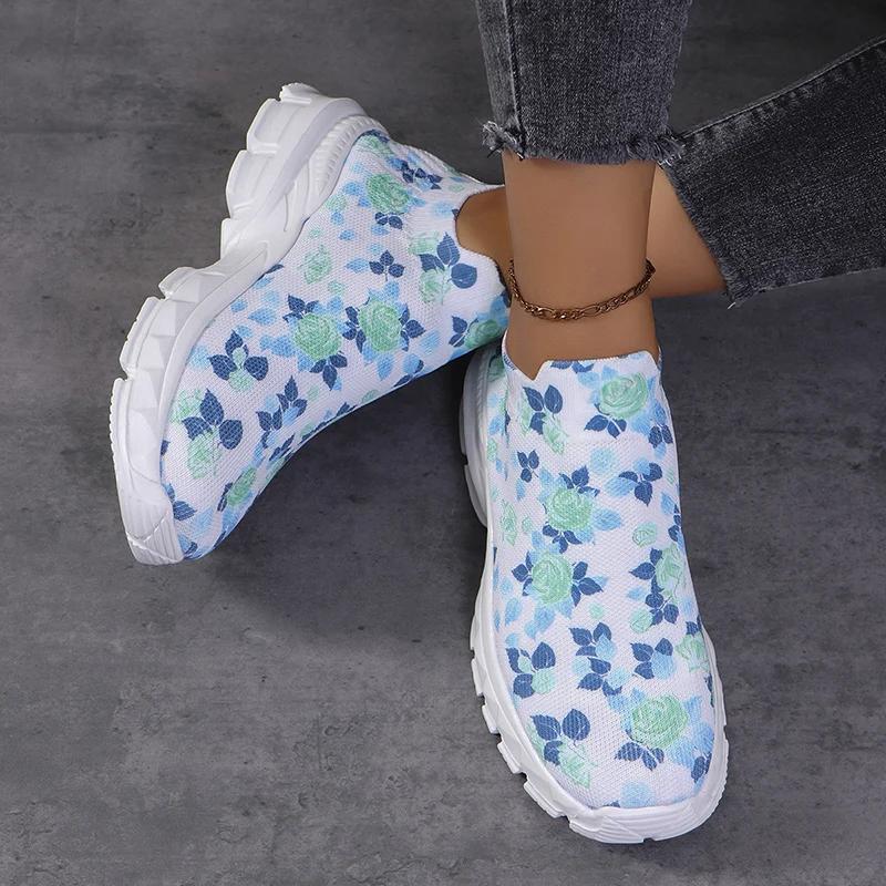 Модные кроссовки для бега с принтом для женщин 2025 весна дышащие вязаные кроссовки женские больших размеров нескользящая платформа спортивная обувь