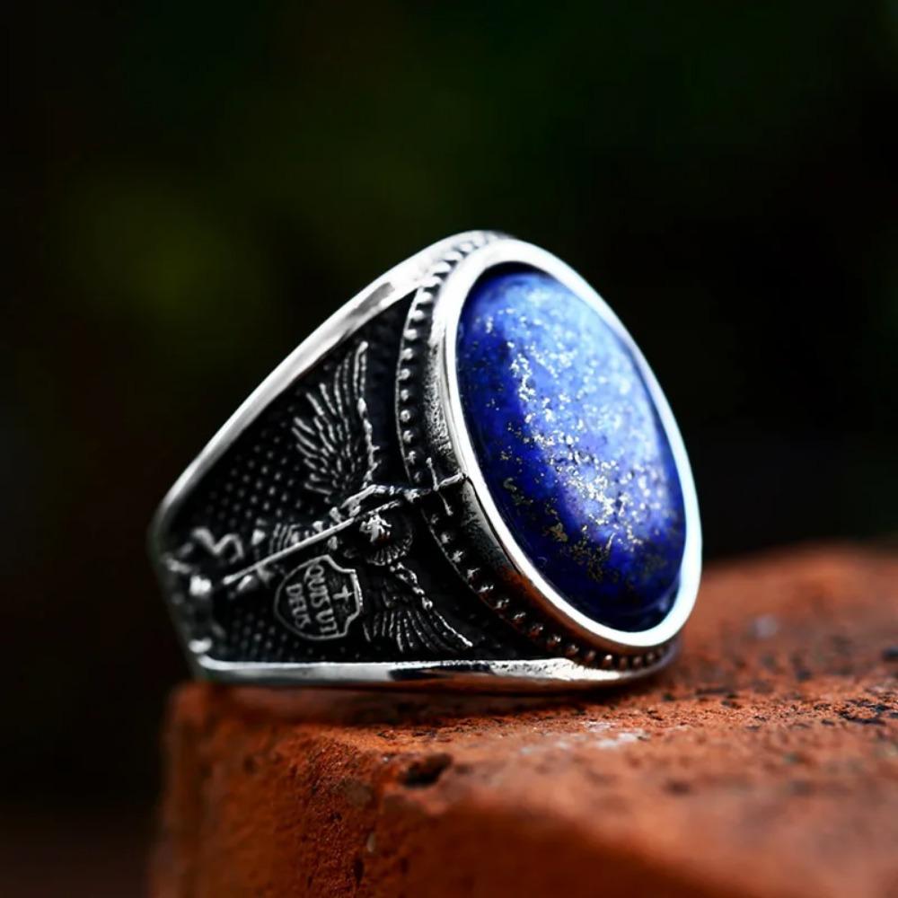 Vintage Bluestone Cross Angel Totem Men's Hip Hop Fashion Ring
