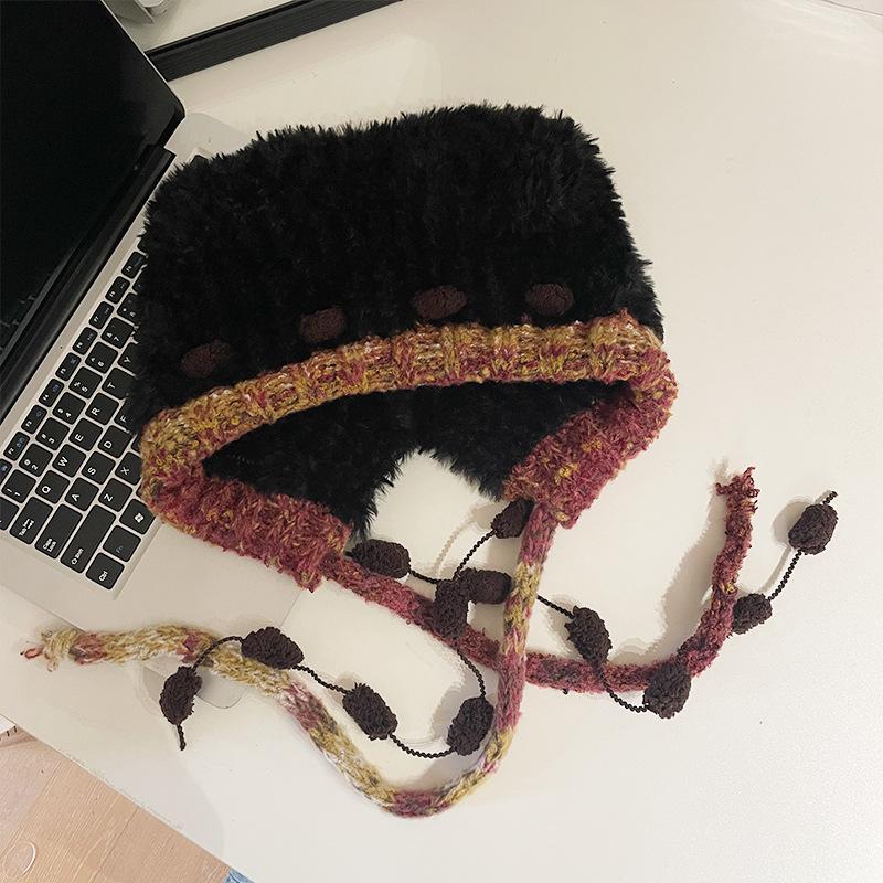 Осень и зима милая плюшевая вязаная шапка с медведем детская цветная шапка с защитой ушей на завязках показывает маленькое лицо