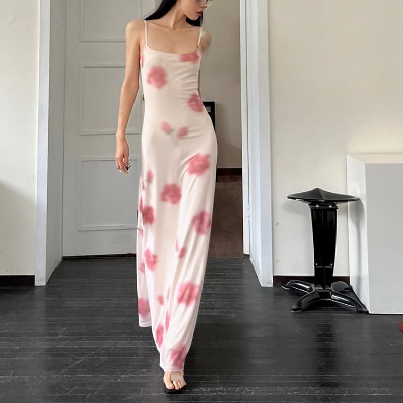 Fairycore Grunge Elegant Midi Dress Women Y2k Vintage Streetwear Spaghetti Strap High Waist Florals Printed Party Dress Female