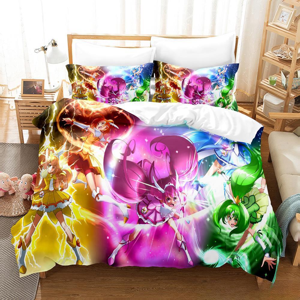 Улыбнитесь, PreCure! Комплект постельного белья Односпальный Полуторный Двуспальный Кинг-сайз Комплект для кровати Взрослый Детский Спальня Пододеяльник Комплекты 3D принт Каваи Аниме Кровать
