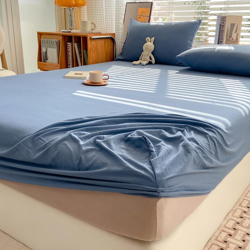 Simple Solid Color Blue Fitted Sheet Set 3Pcs Japanese Style Mattress Cover Skin-friendly Breathable Queen Size Bedding Set