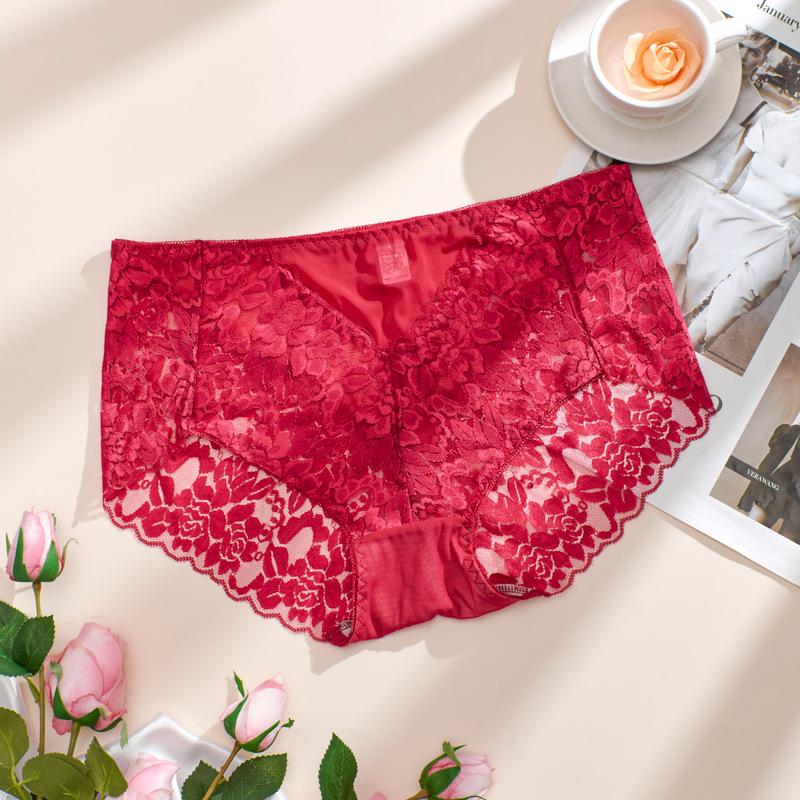 Женские сексуальные красные кружевные трусики больших размеров с цветочной сеткой - мягкое, дышащее и удобное нижнее белье с высокой талией