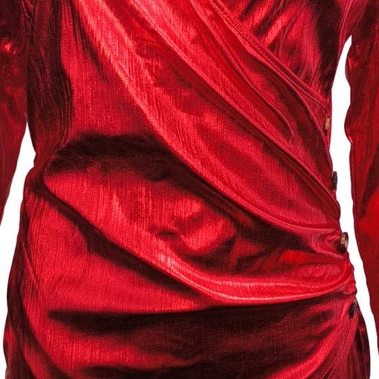 Вечеринка для выпускного вечера с низким вырезом, глубоким V-образным вырезом, плиссированной шеей, обтягивающим высоким женским платьем, глянцевое платье с длинными рукавами и нерегулярным подолом, длиной выше колена, женское