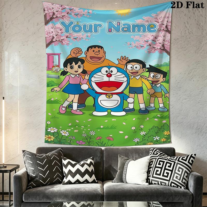 Name Custom Doremon Friends Wall Tapestry Aesthetic Wall Hanging Printed Fabric Blanket Decorative Tapestries for Bedroom Living Room Home Decor