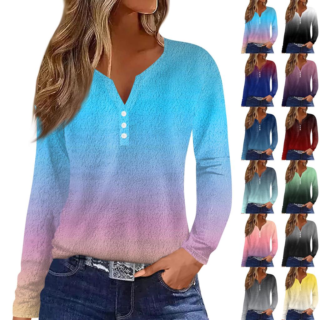 Women's Fashion Casual Printed V-Neck Long Sleeve Button Down T-Shirt Top