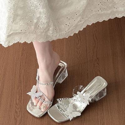 Прозрачные тапочки в стиле феи, женские, 2025, новая мода, интернет-знаменитость, украшение стразами в виде бабочки, модные туфли на высоком каблуке