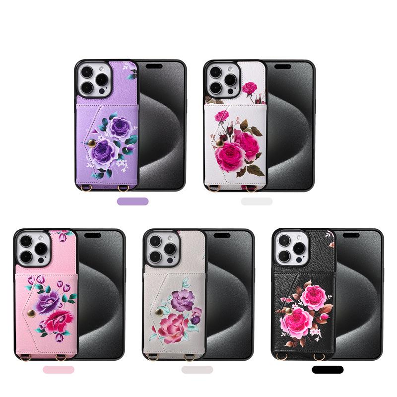Цветочный чехол-кошелек на ремешке через плечо для iPhone 13, 14, 16, 17 Pro