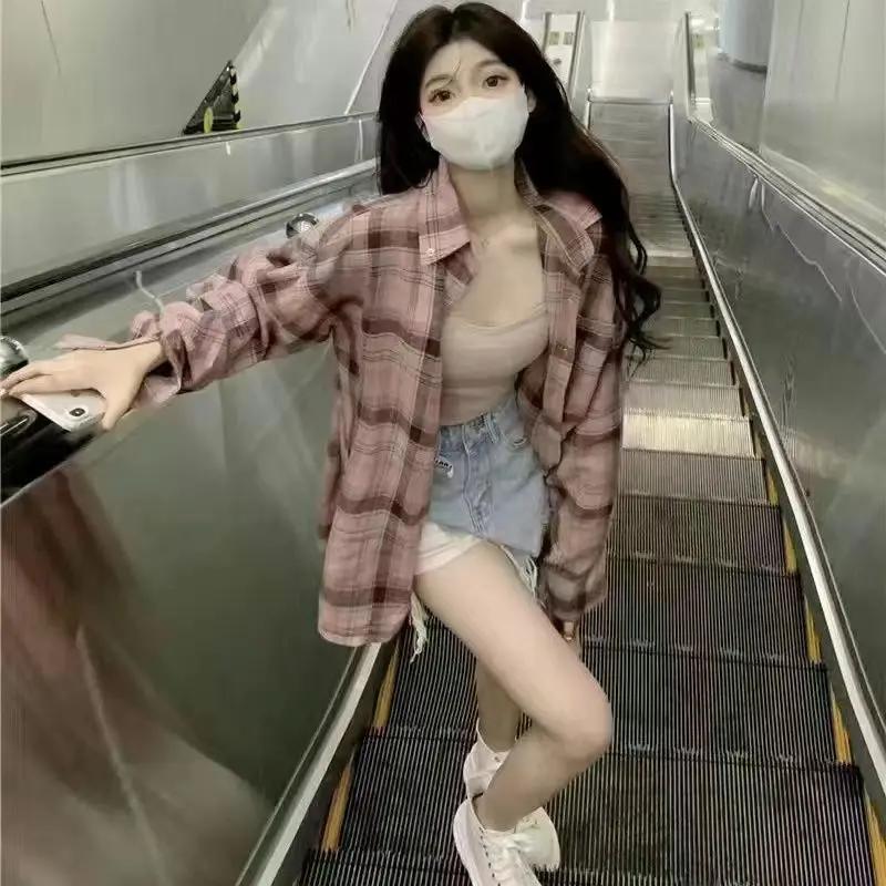 Корейская хип-хоп рубашка с цветными блоками в клетку с длинным рукавом для женщин весна-осень свободный крой стиль оверсайз универсальная модная куртка