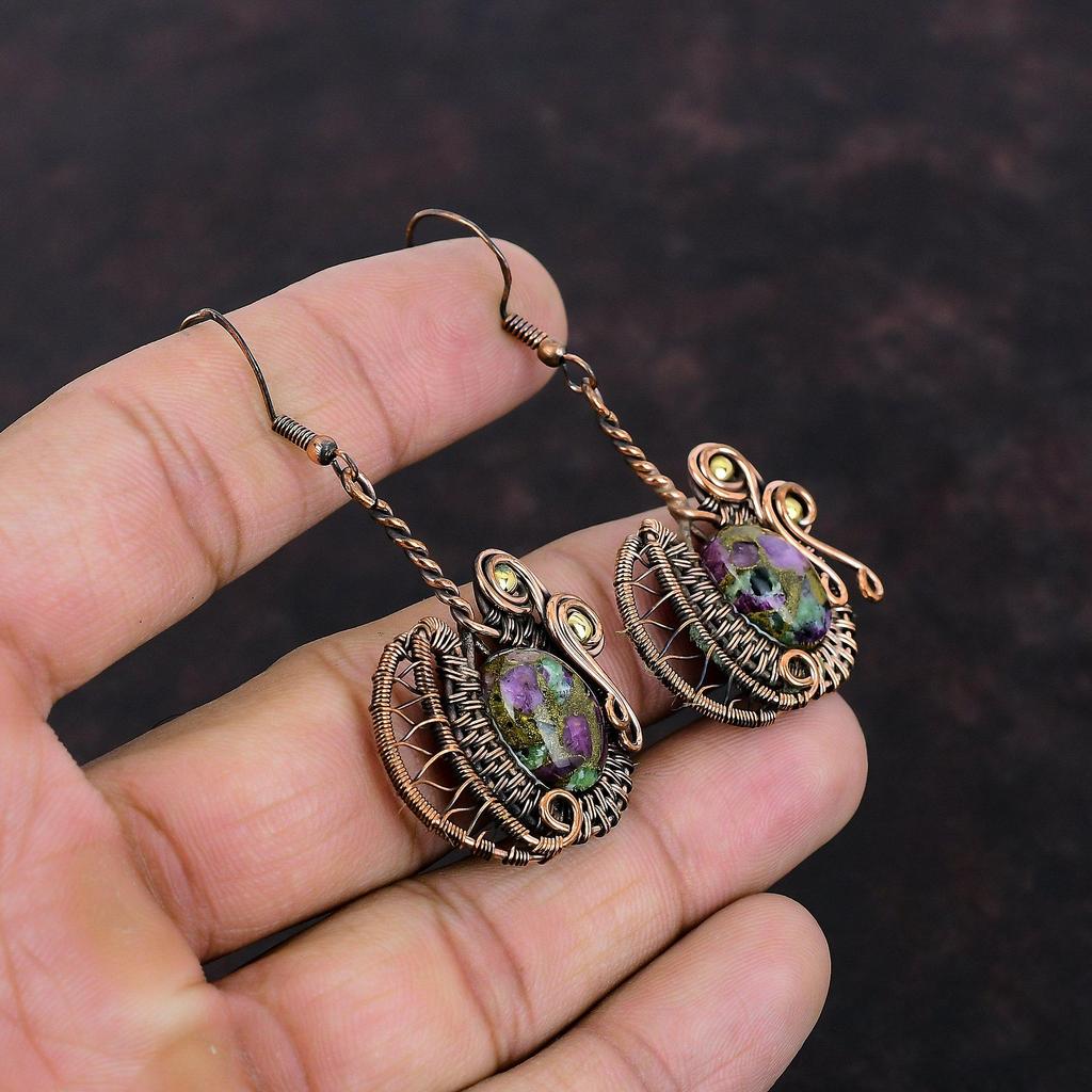 Серьги из медного рубина и цоизита, серьги из медной проволоки, ювелирные изделия из драгоценных камней, серьги ручной работы, серьги-подвески, удивительные медные украшения, подарок для мамы