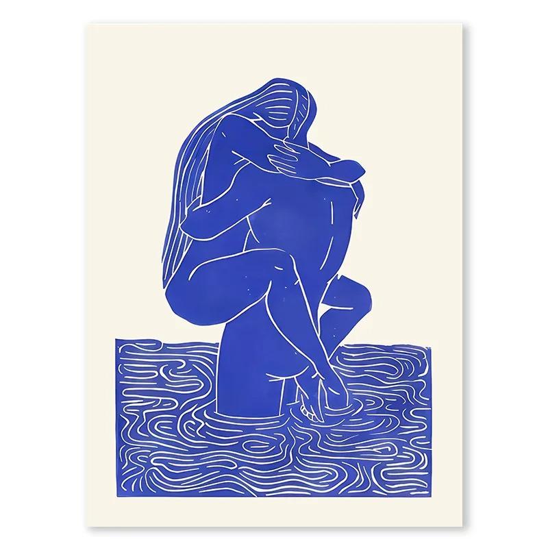 Абстрактная Синяя Геометрическая Линии Лица Холст Картина Кривая Девушка Ваза Голубь Настенное Искусство Постеры Принт Картина Скандинавская Спальня Домашний Декор