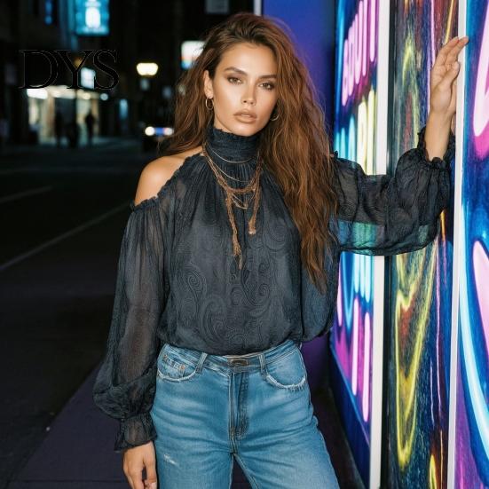 Skin Friendly Shirts Women Fall Cold Shoulder Shirt, Vintage Ethnic Print High Casual Blouses Collar Blouse, Ruffle Lantern Sleeve Top Autumn