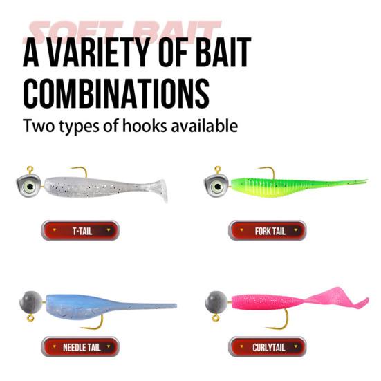 32/88Pcs/Set Soft Fishing Lure Round Head Hook Colorful Fork Curly Needle Paddle Tail