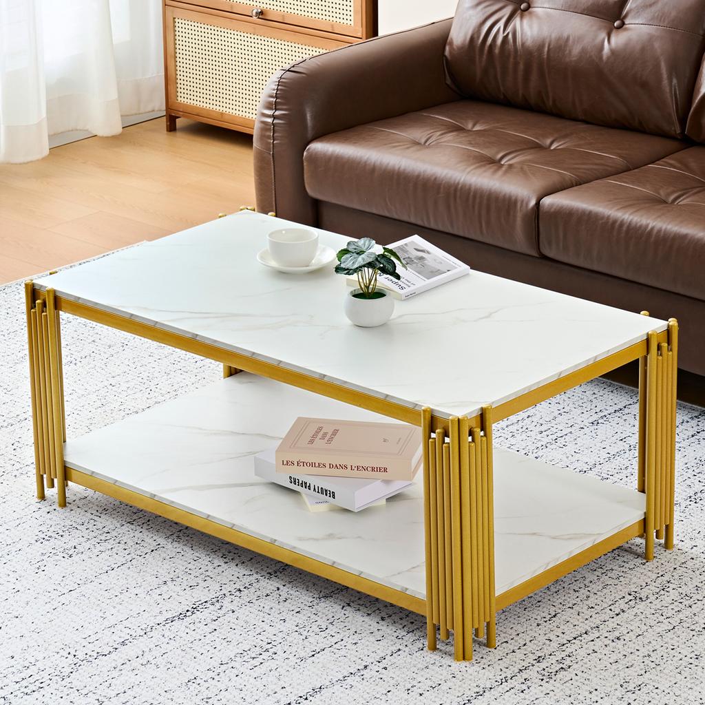 Rectangular Coffee Table with Metal Legs, Marbled Tabletop, Modern Living Room Furniture, White-Gold – H46/B1140/T64 cm
