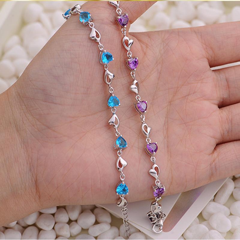 Silver Heart -Shaped Blue Crystal Bracelet Women European Style Fashion Simple Temperament Bracelet