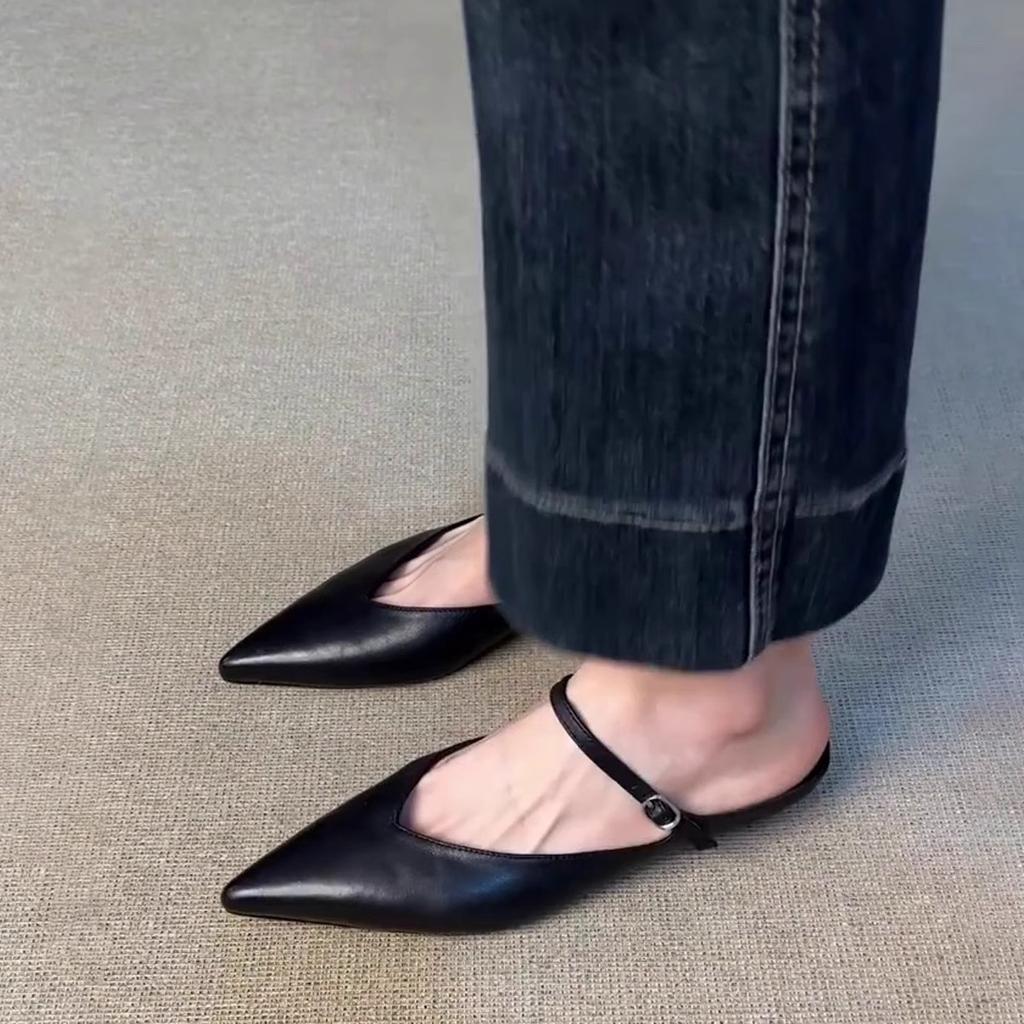 Sheepskin Version~ New Pointed Thick-soled Bag Head Half Slippers French Retro One-word Buckle Strap Fashionable Light Mouth Mueller Shoes