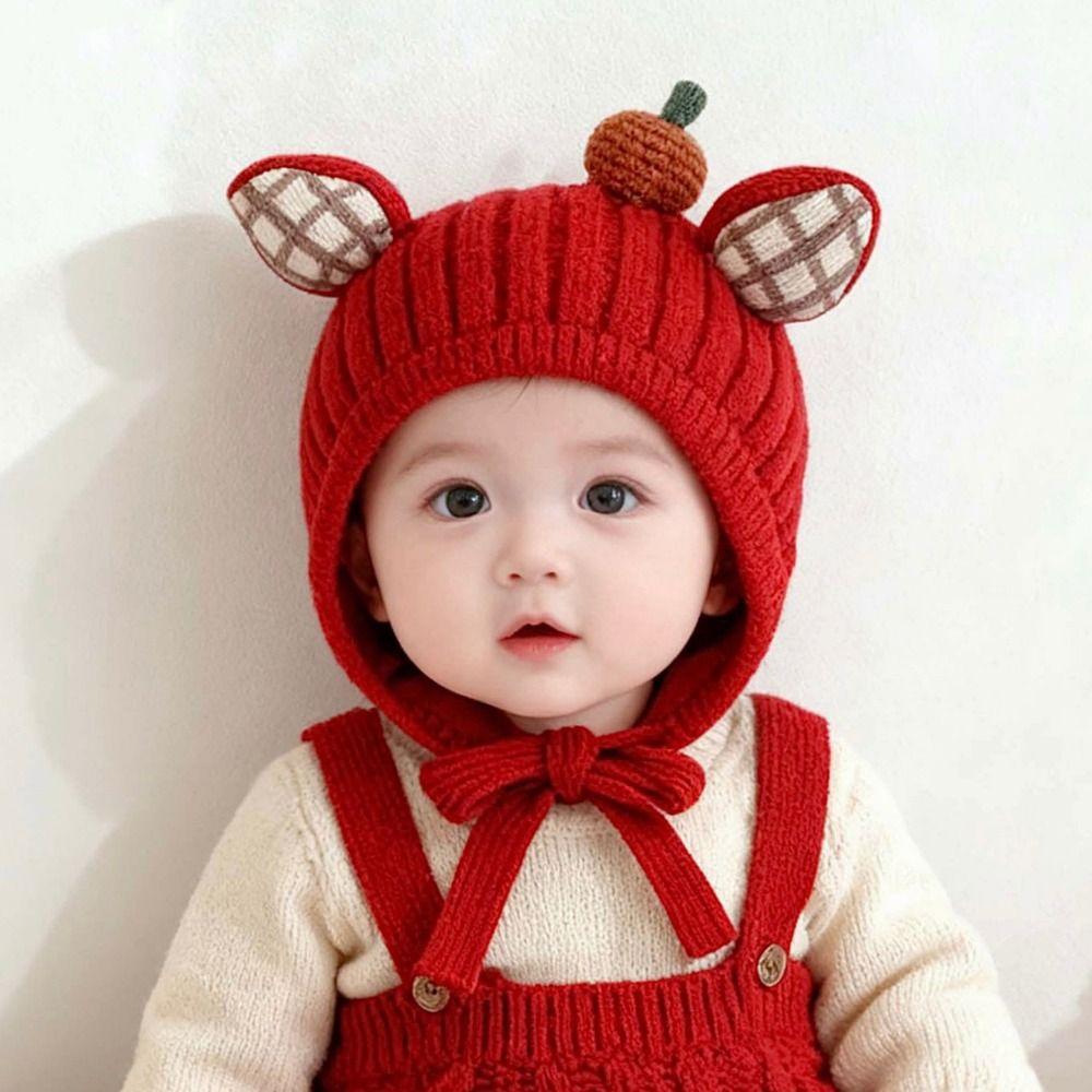 Knitted Infant Knit Hat with Plaid Ear Details Earflap Beanie New Baby Bonnet Baby Winter Wear